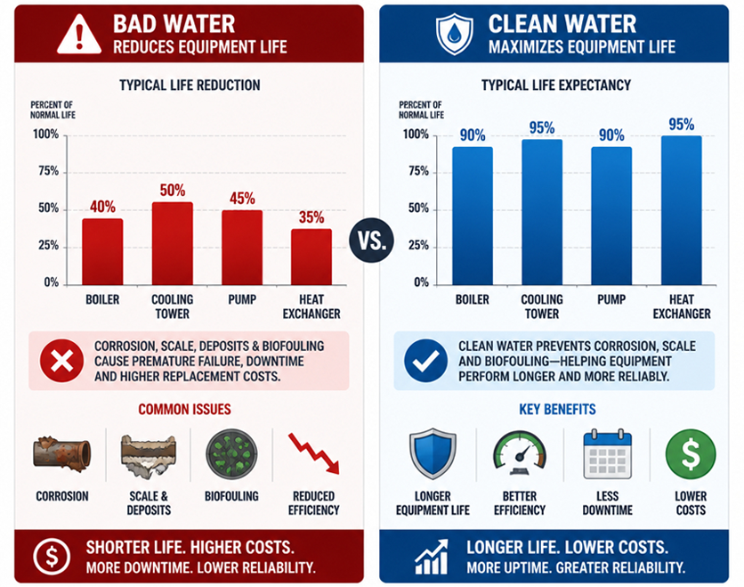Untreated water compared with clean, treated water