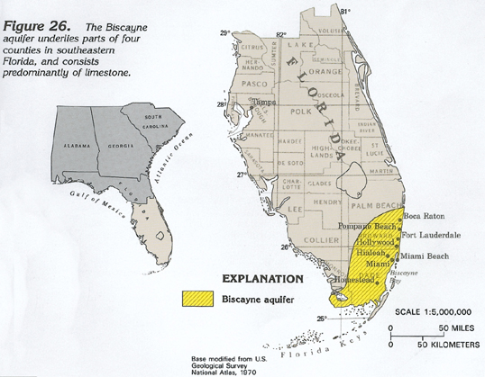Map showing where the Biscayne Aquifer is located in South Florida
