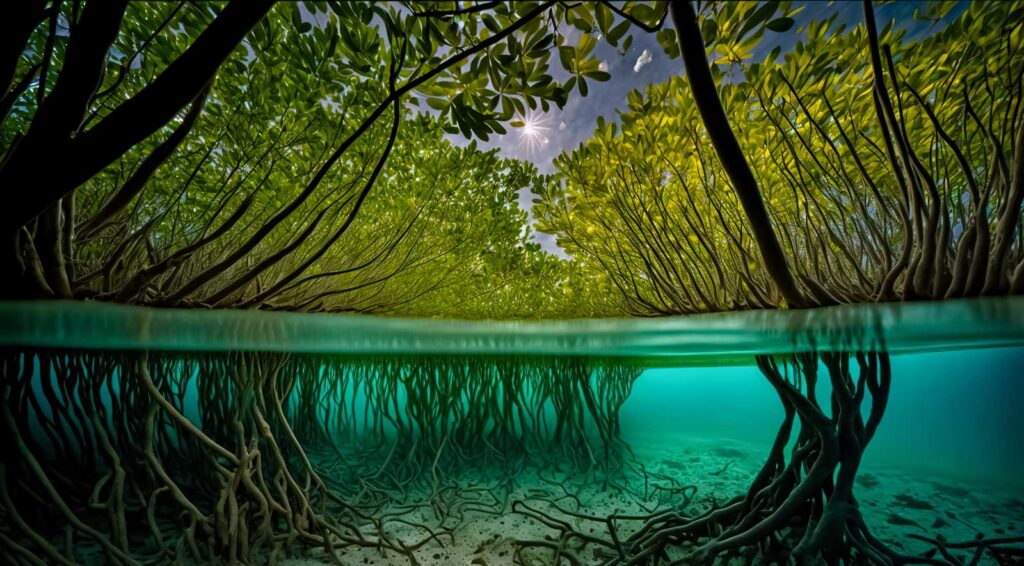 Underwater view of mangrove roots in South Florida